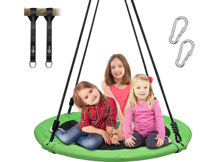 Altalena Rotonda da Esterno Verde Ø 100 cm – Struttura Metallo, Seduta Imbottita in Tessuto, Corde Regolabili per Bambini e Adulti