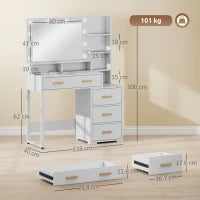 Tavolo da Trucco in Legno con 4 Cassetti, 6 Ripiani Aperti e Specchio, 100x40x138 cm, Bianco