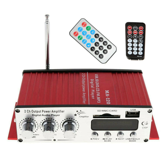 Amplificatore audio 12V casa auto 2 canali 40W RMS 4-16 Ohm telecomando MA-120