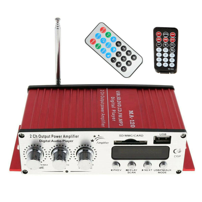 Amplificatore audio 12V casa auto 2 canali 40W RMS 4-16 Ohm telecomando MA-120