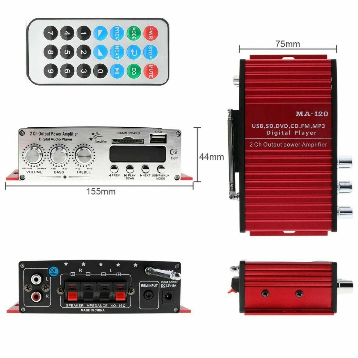 Amplificatore audio 12V casa auto 2 canali 40W RMS 4-16 Ohm telecomando MA-120