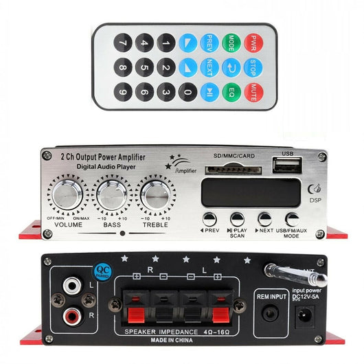 Amplificatore audio bluetooth 12V casa auto 2 canali 40W RMS telecomando BT-120