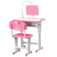 Set Scrivania e Sedia per Bambini 6-12 Anni ad Altezza Regolabili, Banco Scuola con Lampada, Cassetto, Gancio, Portapenne e Leggio, Set Banco con Sedia per Bambini in Acciaio e MDF, Rosa