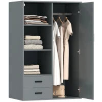 Armadio Moderno con 2 Cassetti, Ripiani Aperti e Vano Appendiabiti, 80x50x124 cm, Grigio Scuro