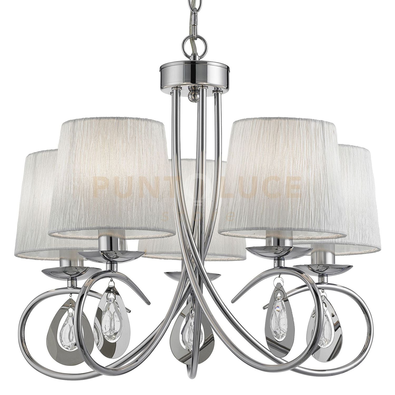 Angelique 5Lt Pendant - Cromo, vetro trasparente e tessuto bianco