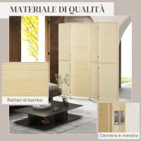 Paravento per Interno Pieghevole a 4 Ante, Divisorio in Bambù di Rattan, 180x1.6x180 cm