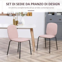 Set di 2 Sedie da Pranzo in Tessuto Imbottite e Impilabili con Gambe in Acciaio, Rosa