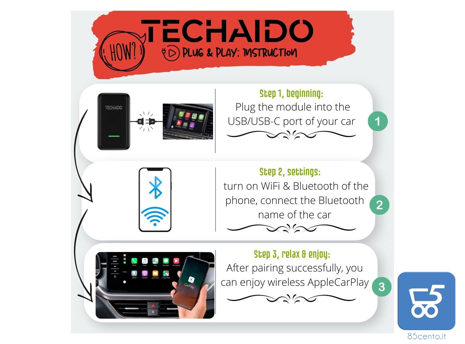 Apple Carplay Wireless Adattatore Auto Per iPhone Compatibile Con Svariati Modelli Di Auto Ti Porta iOS Nella Macchina Configurazione Automatica Techaido