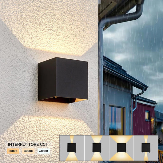 Applique cubo IP65 LED 12W CCT da 3000K a 6500K lampada parete moderna doppio fascio luminoso luce facciata giardino terrazzo NERO