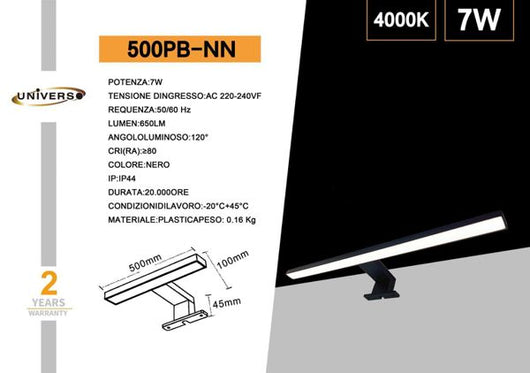 Applique Lampada Specchio Led 7w Nero 4000k