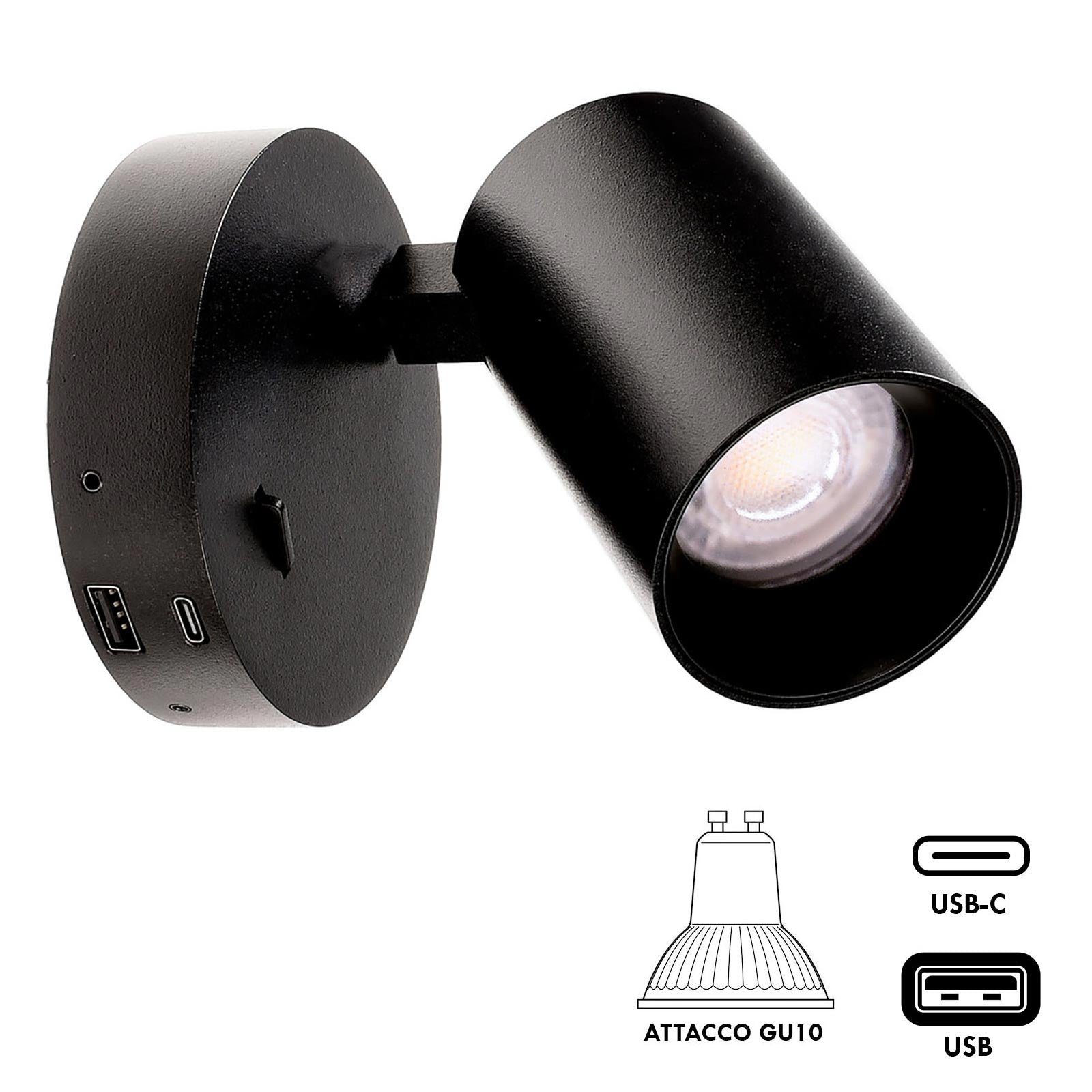 Applique lampada lettura comodino GU10 orientabile USB ricarica smartphone ON/OFF luce camera letto soggiorno NERO