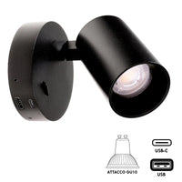 Applique lampada lettura comodino GU10 orientabile USB ricarica smartphone ON/OFF luce camera letto soggiorno NERO