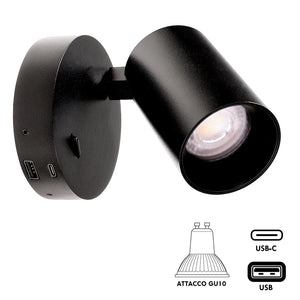 Applique lampada lettura comodino GU10 orientabile USB ricarica smartphone ON/OFF luce camera letto soggiorno NERO