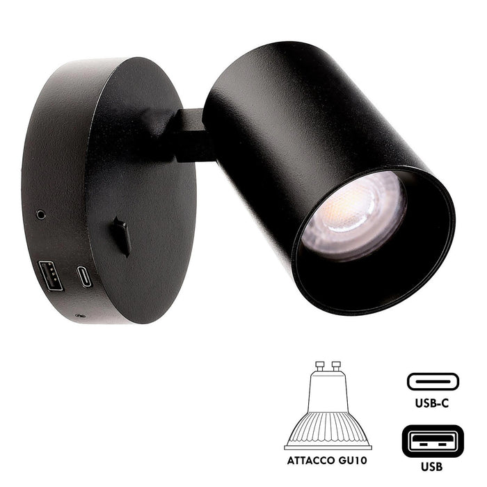 Applique lampada lettura comodino GU10 orientabile USB ricarica smartphone ON/OFF luce camera letto soggiorno NERO