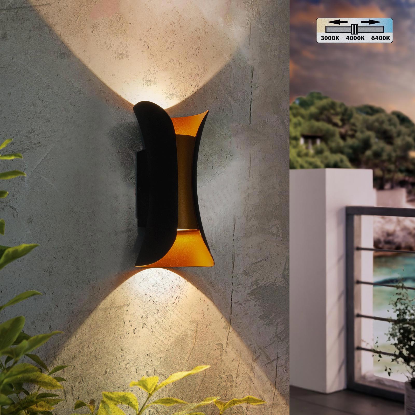 BOSTON Applique murale doppio fascio IP65 10w tecnologia LED CCT 3 tonalita di luce lampada parete UP DOWN balcone facciate 230V NERO ORO