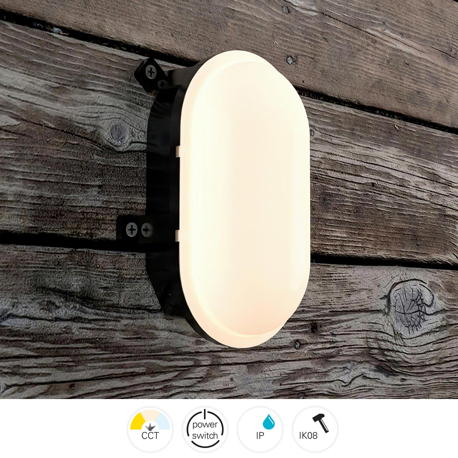 Plafoniera ovale IP54 tartaruga LED interruttore CCT doppia potenza luce parete soffitto cantina garage parcheggio balcone 230V colore NERO