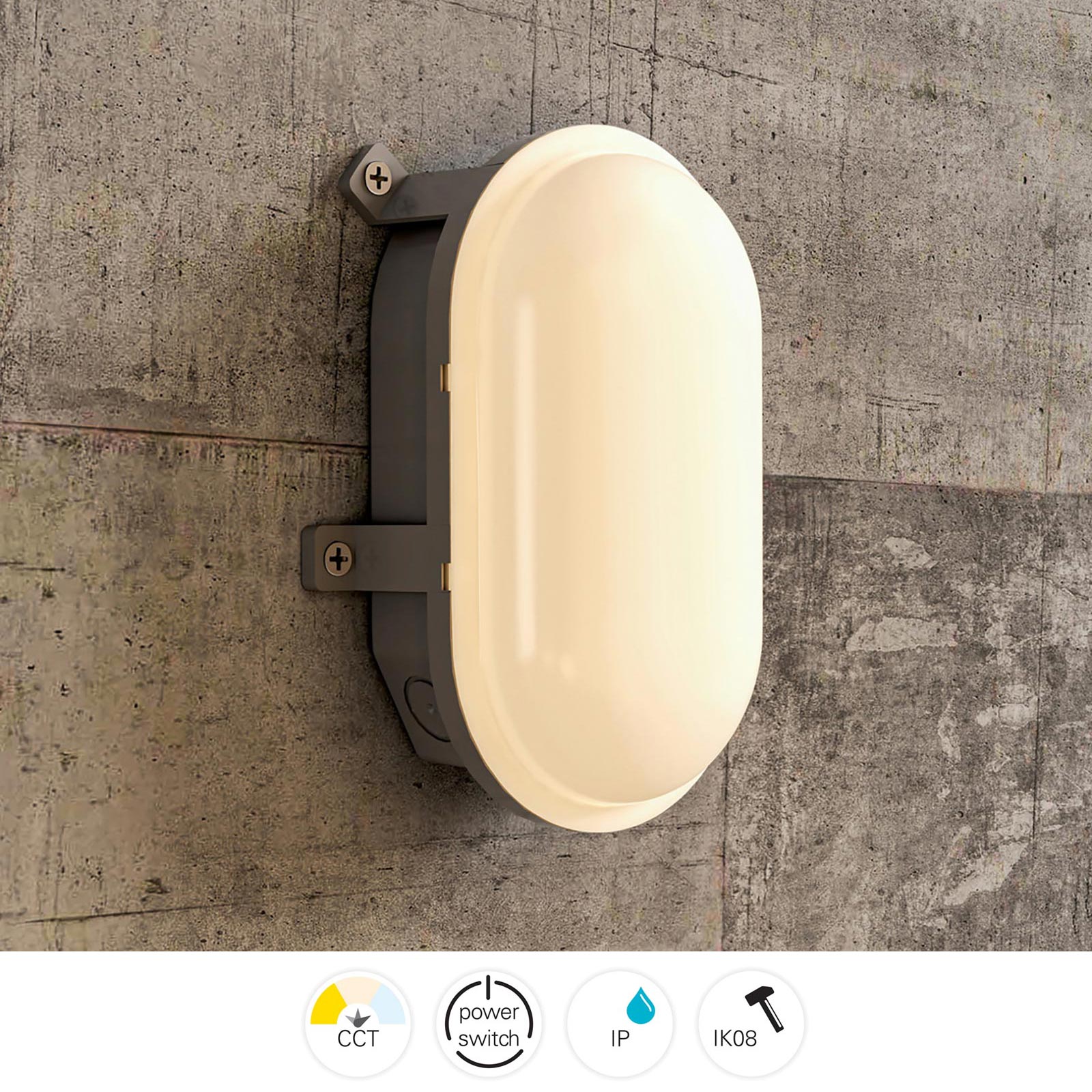 Plafoniera ovale IP54 tartaruga LED interruttore CCT doppia potenza luce parete soffitto cantina garage parcheggio balcone 230V colore GRIGIO