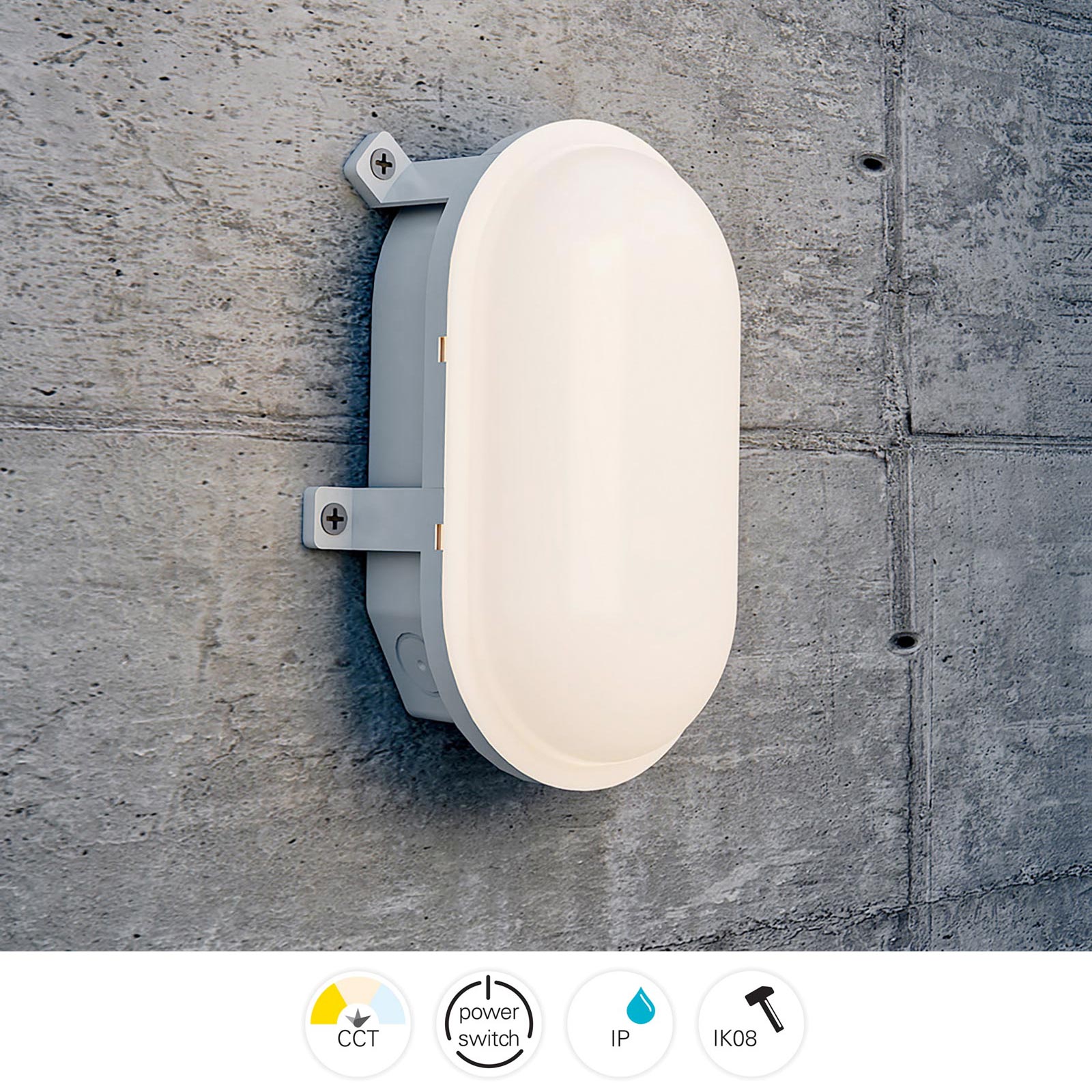 Plafoniera ovale IP54 tartaruga LED interruttore CCT doppia potenza luce parete soffitto cantina garage parcheggio balcone 230V colore BIANCO