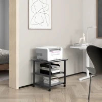 Carrello Porta Stampante a 3 Ripiani con 4 Ruote, Legno e Acciaio, 50x50x52.5cm, Nero