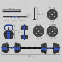 Set di pesi 4 in 1 regolabili da 25 kg con funzione di manubri, kettlebell e bilanciere, Blu