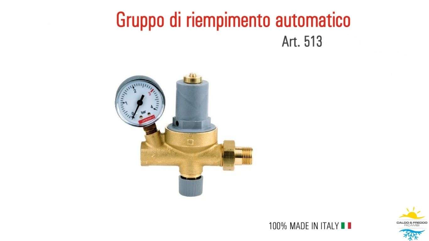 Gruppo di riempimento da 1/2" con portamanometro e funzione di controllo, regolazione e ripristino automatico della pressione negli impianti a circuito chiuso