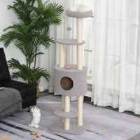 Albero Tiragraffi Robusto per Gatti con 5 Livelli, Cuccia, Casetta, Giochi e Corda Sisal, Grigio e Beige Max 30kg