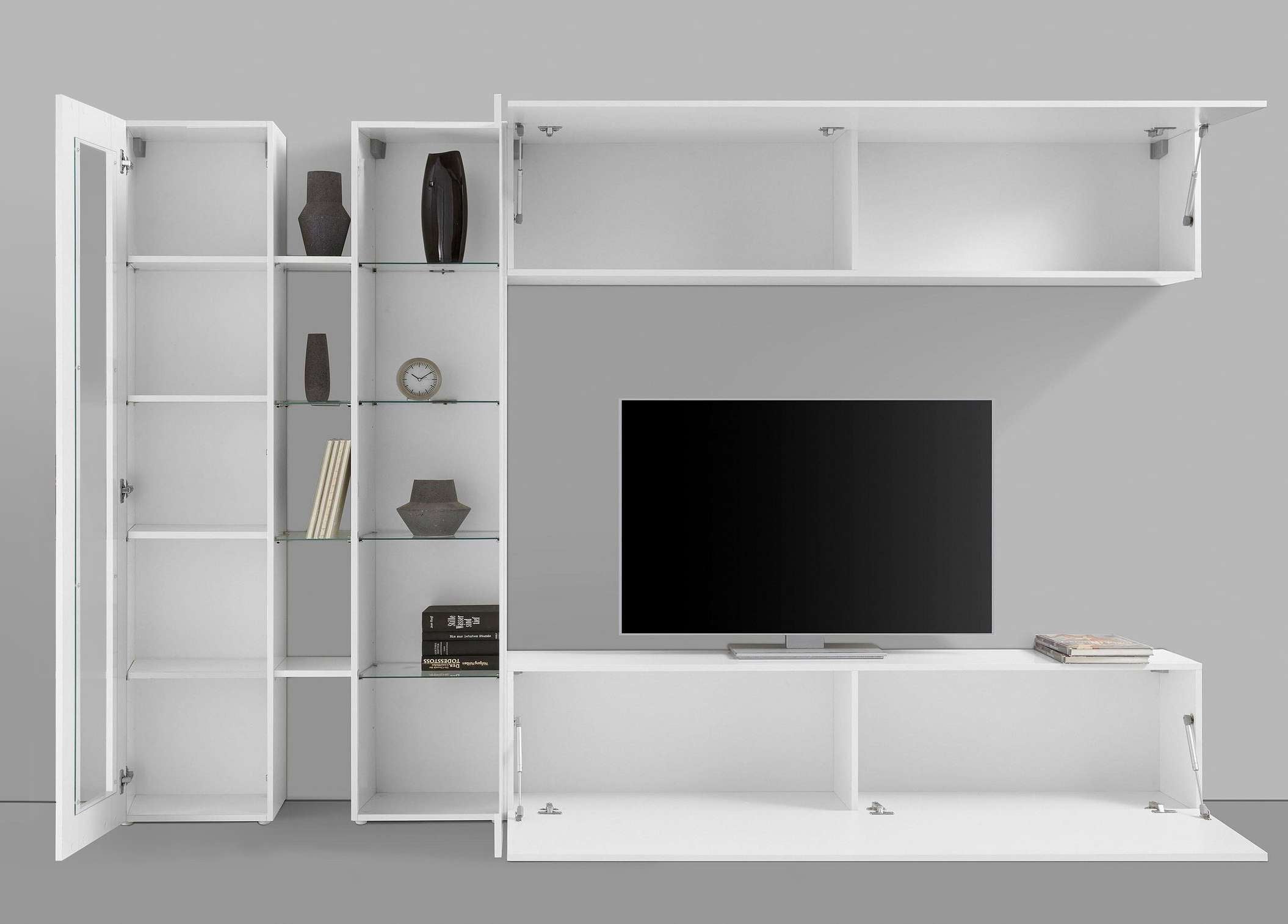 Parete attrezzata bianca soggiorno mobile TV vetrina armadio Joy Duet