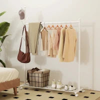 Appendiabiti con Ruote, 5 Ganci, Barra per Appendere e Ripiano Inferiore 20x43x171 cm Bianco