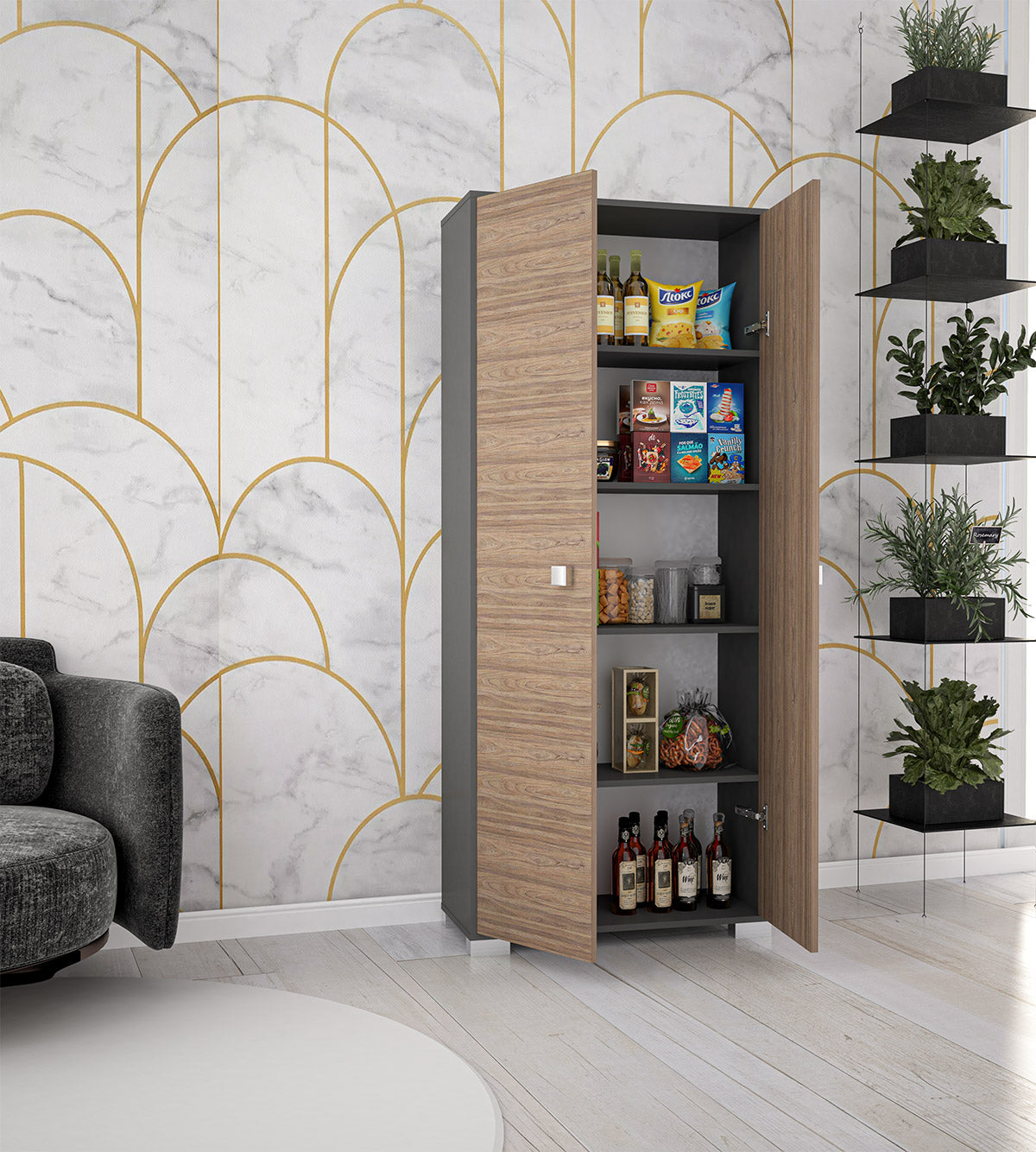 Armadio 2 ante Clara dispensa cucina multiuso lavanderia spogliatoio 75x35x180H con ripiani Antracite/Noce