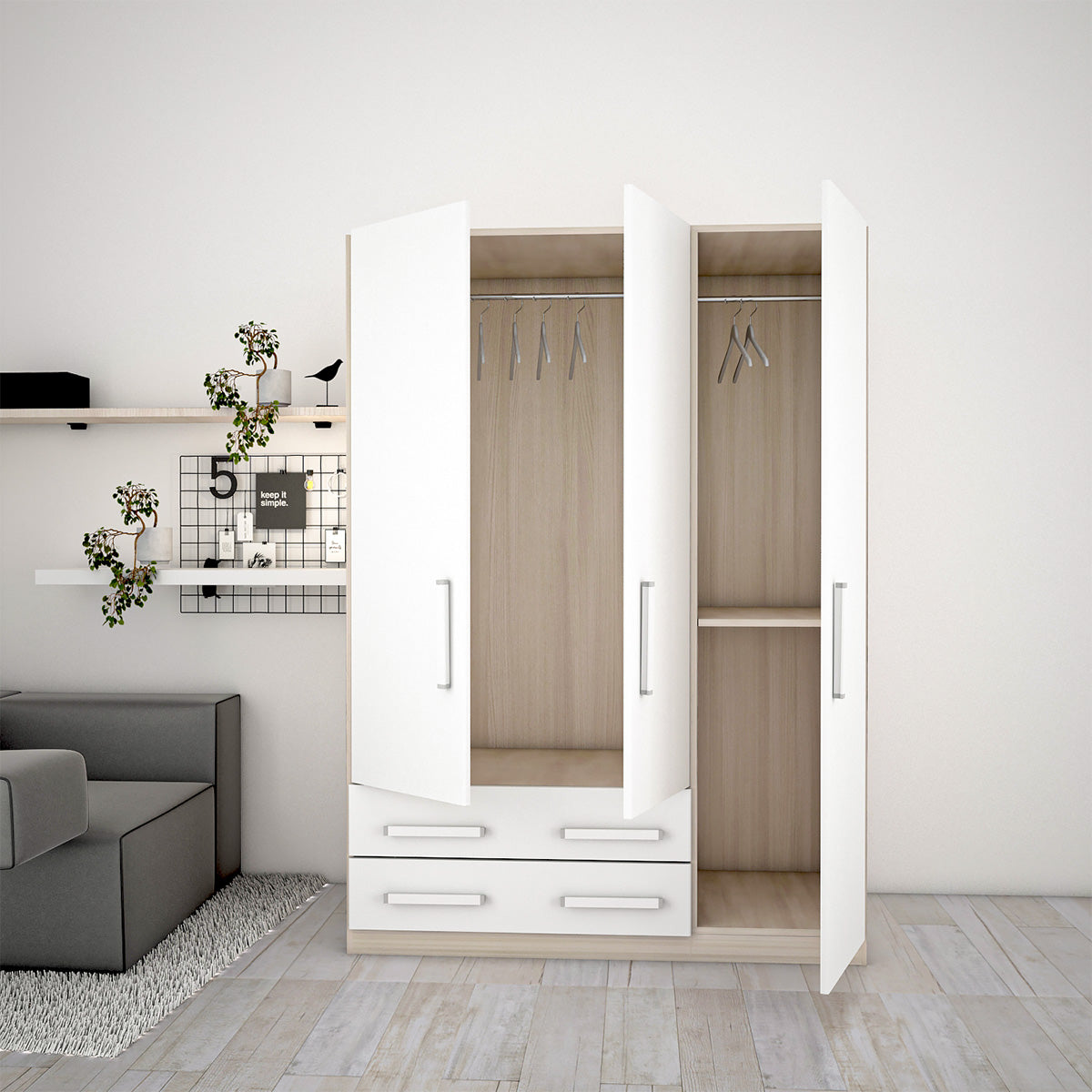 Armadio 3 ante 2 cassetti Erica  L.135 P.52 H.186 in varie colorazioni per camera, cameretta, lavanderia, soggiorno, cuc