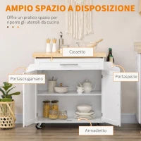 Carrello da Cucina con Cassetto, Portaspezie, Armadietto e 4 Ruote, 109x40x89cm, Bianco