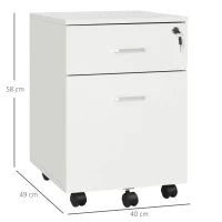 Cassettiera Ufficio a 2 Cassetti con Serratura e 5 Ruote, in Truciolato, 40x49x58 cm, Bianco