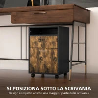 Cassettiera Portadocumenti con Cassetto e Ripiano, 4 Ruote, 40x35x60cm, Marrone e Nero