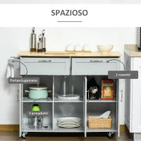 Carrello da Cucina Multiuso in Legno con 2 Cassetti, 3 Antine e 4 Ruote 121x46x91cm, Grigio