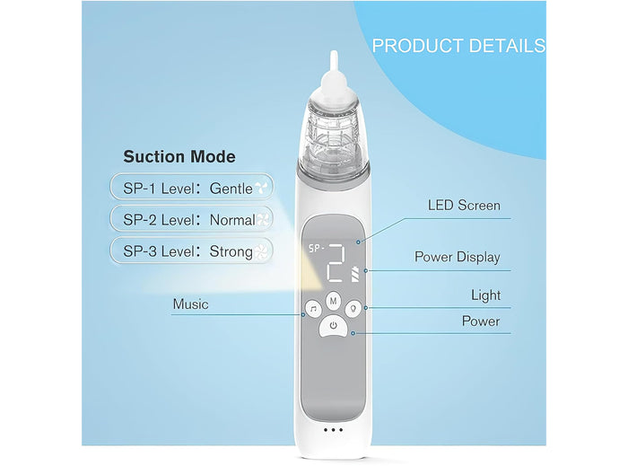 Aspiratore Nasale Elettrico per Neonati e Bambini 0–12 anni – 3 Livelli Suzione Muco, Silenzioso, USB Ricaricabile, Display LED, Luce Notturna, Portatile da Viaggio