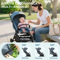 Passeggino per Bambini con Tettuccio Regolabile e Sacca Portaoggetti, 87x50x103 cm, Blu e Nero