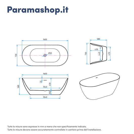 Vasca da bagno freestanding 160cm in acrilico bianco lucido | Atena