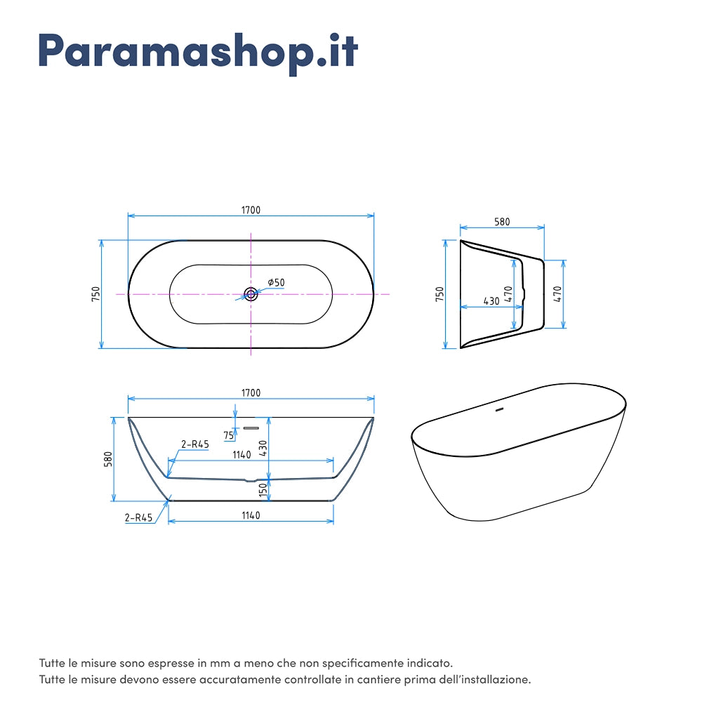 Vasca da bagno freestanding 170cm in acrilico bianco opaco | Atena
