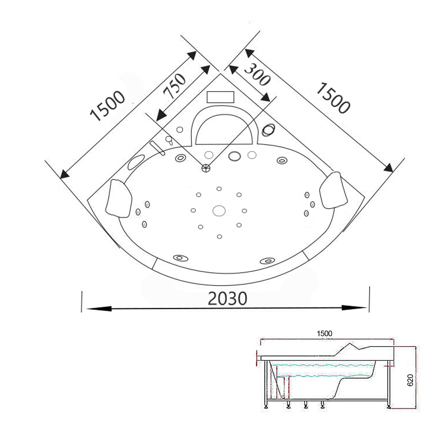 Vasca idromassaggio 150 X 150 cm doppia pompa 20 getti – Athena