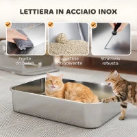 Lettiera per Gatti Chiusa XXL in Acciaio Inox, Coperchio Apribile a 90° e Doppie Porte, 70x50x46.5 cm, Grigio
