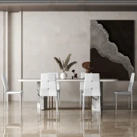 Set di 6 Sedie da Pranzo Rivestite in PU con Schienale Alto con Bottoni e Gambe in Acciaio Design Moderno Bianco