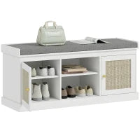 Panca Porta Scarpe con Ante Frontali in Rattan e Ripiani Regolabili 105x35x47 cm Bianco