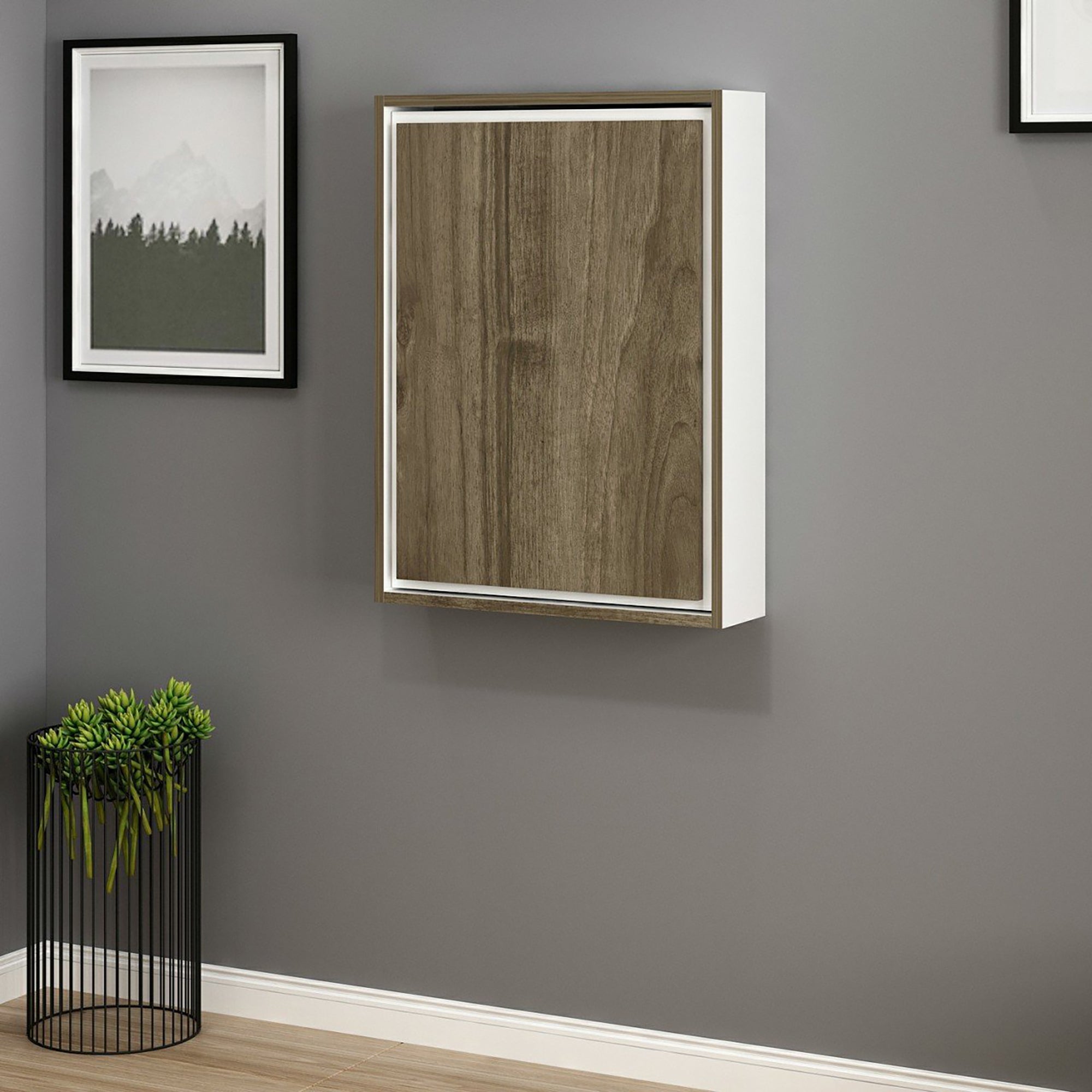 Tavolo Pieghevole a Muro 'Greve' Scrivania Ribaltabile con Scomparti - Bianco/Effetto Noce [en.casa]