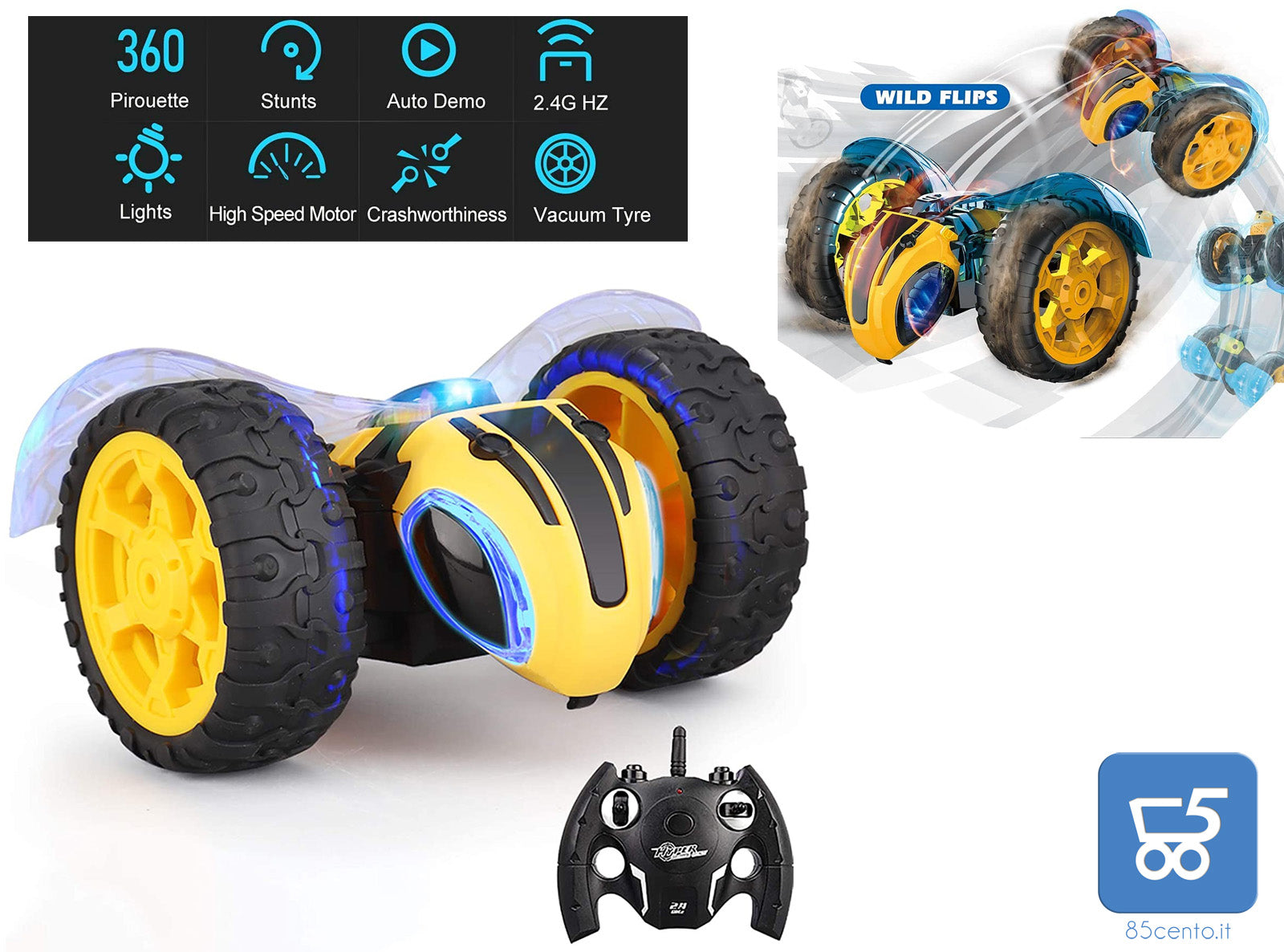 Auto Radiocomandata Mostop RC Stunt Car Remote Control Car per Bambini, 1/14 2.4 Ghz Ricaricabile Off Road Bumble Tumble Bee Truck Rock Crawler Veicolo Giocattolo con Musica e Luce - Vespa