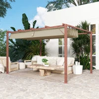 Gazebo Pergola con Tetto Retrattile, Picchetti e Viti, in Poliestere e Alluminio, 382x300x232 cm, color Legno