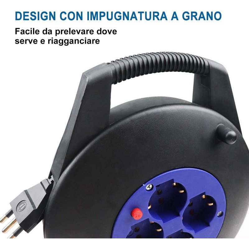 Avvolgicavo Elettrico Prolunga Elettrica 8 Metri 4 Prese Polivalenti Schuko + 10A/16A Spina 16A