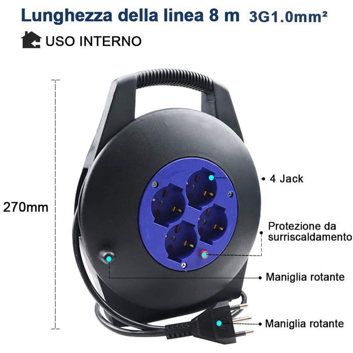 Avvolgicavo Elettrico Prolunga Elettrica 8 Metri 4 Prese Polivalenti Schuko + 10A/16A Spina 16A