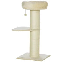 Albero Tiragraffi per Gatti con Grattatoio, 2 Piattaforme, Cestino, Palla Sospesa, Peluche Sisal Naturale, Beige
