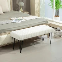 Panca Fondoletto Moderna con Gambe a Forcina, in Tessuto Effetto Ciniglia, Legno e Metallo, 118.5x46x49.5 cm, Crema