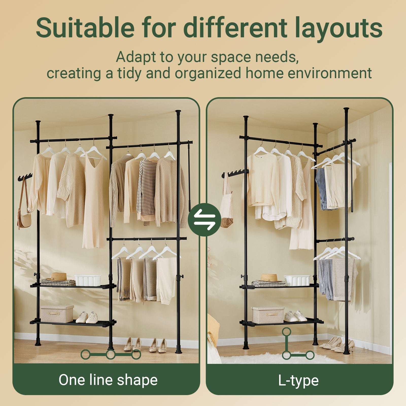 SoBuy FRG34-II-SCH, Telescopic Appendiabiti da Terra, Robusto Stand Appendiabiti con Aste e Ripiani, Armadio Aperto Regolabile per Camera da Letto, Porta Abiti Nero